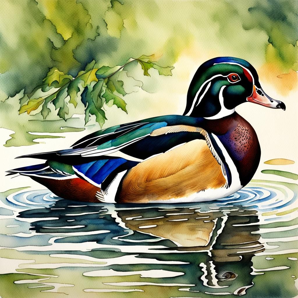 Detailed Watercolor Painting of a Wood Duck