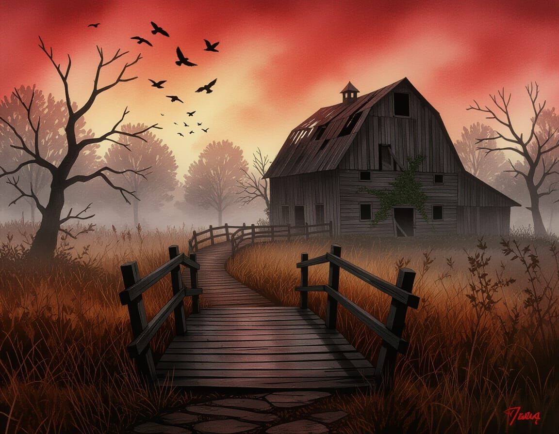 Gothic Autumn Bridge in Blood Red Dusk