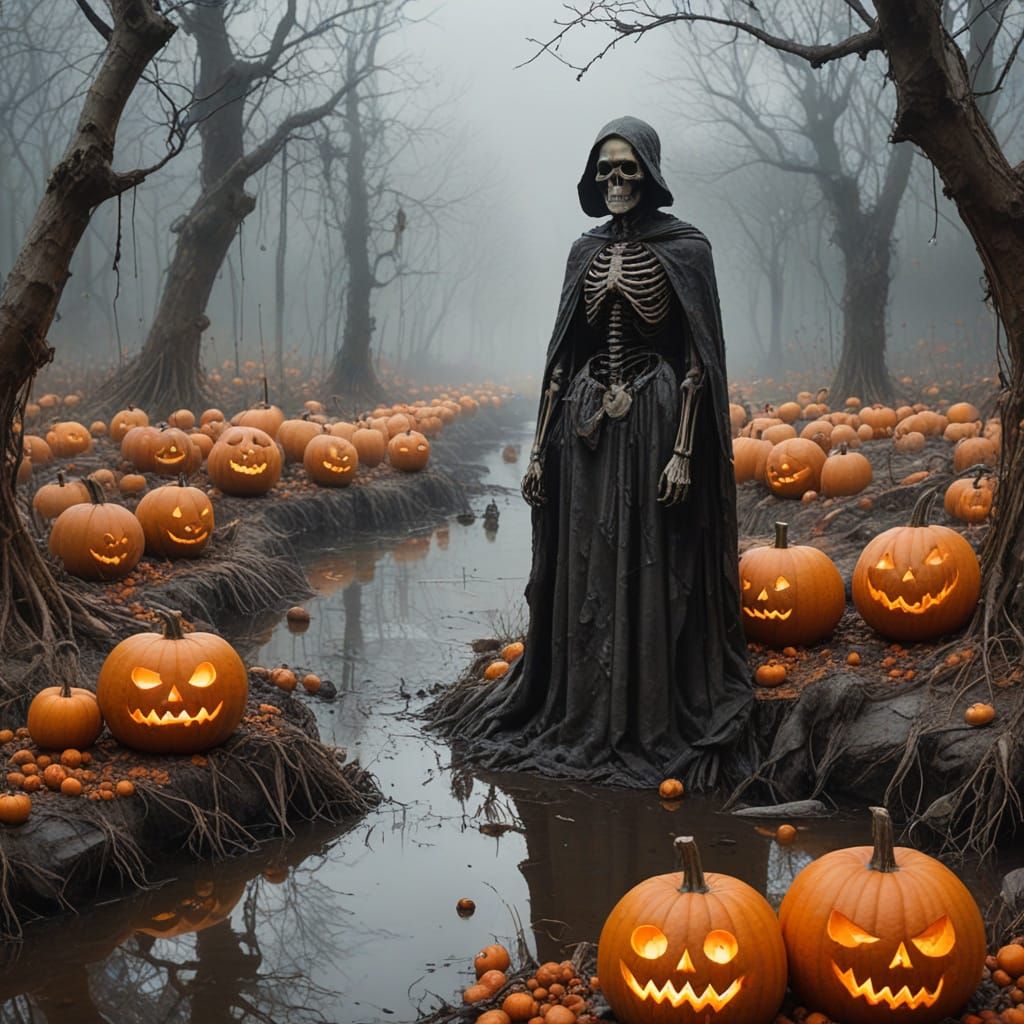 Grotesque Harvest Nightmare in Foggy Surreal Style