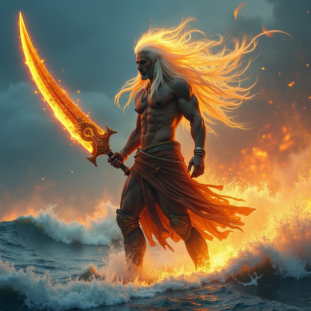 Fiery Warlock Amidst Turbulent Waves