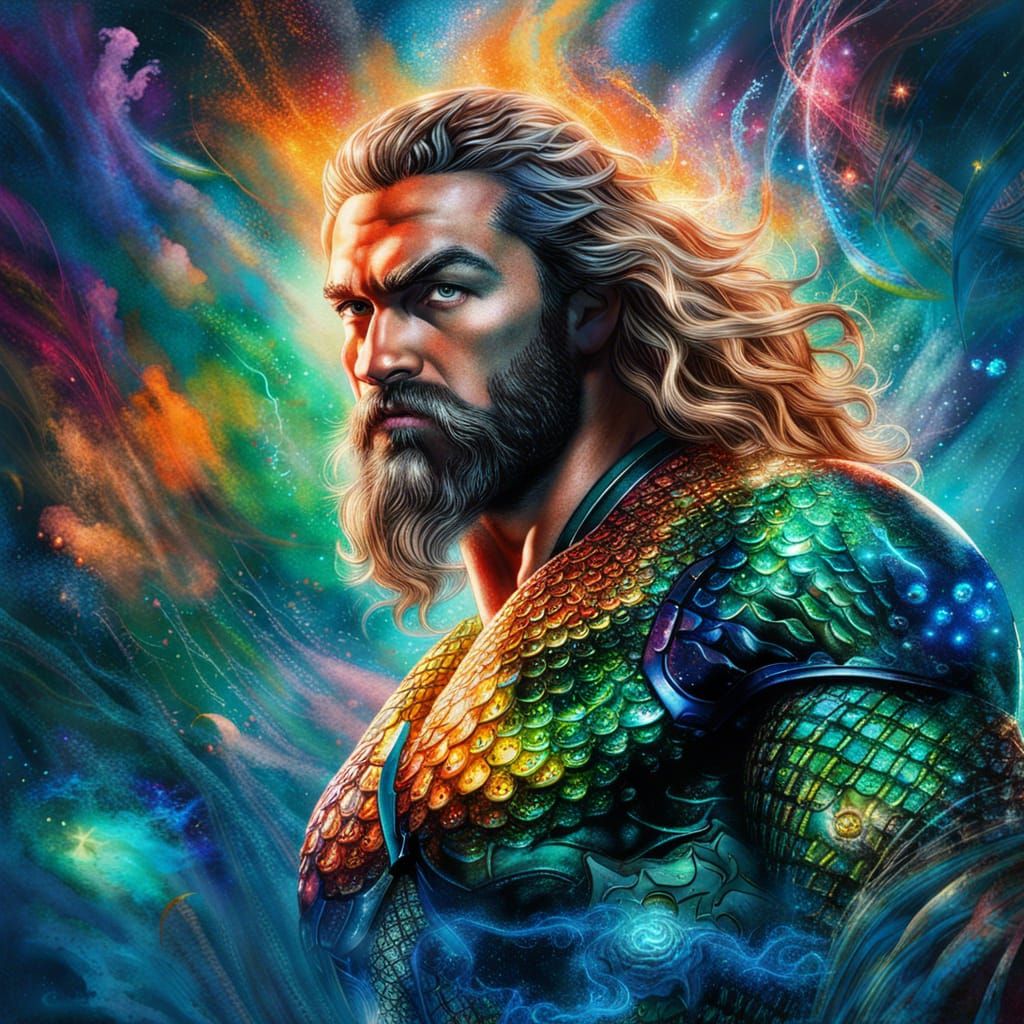 Aquaman in Bioluminescent Deep Sea, Astral Illustration
