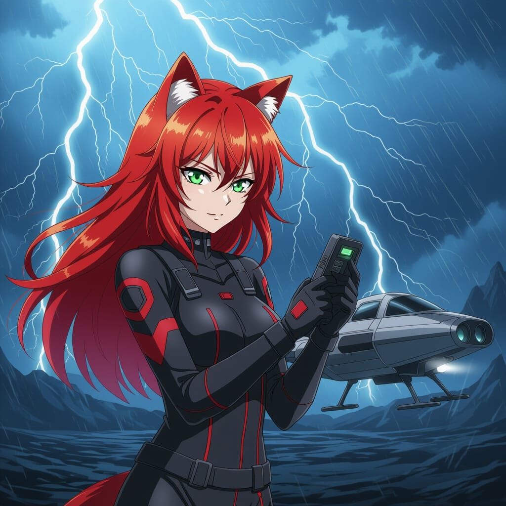 Anime-Style Cat-Eared Woman Scans Stormy Alien Terrain