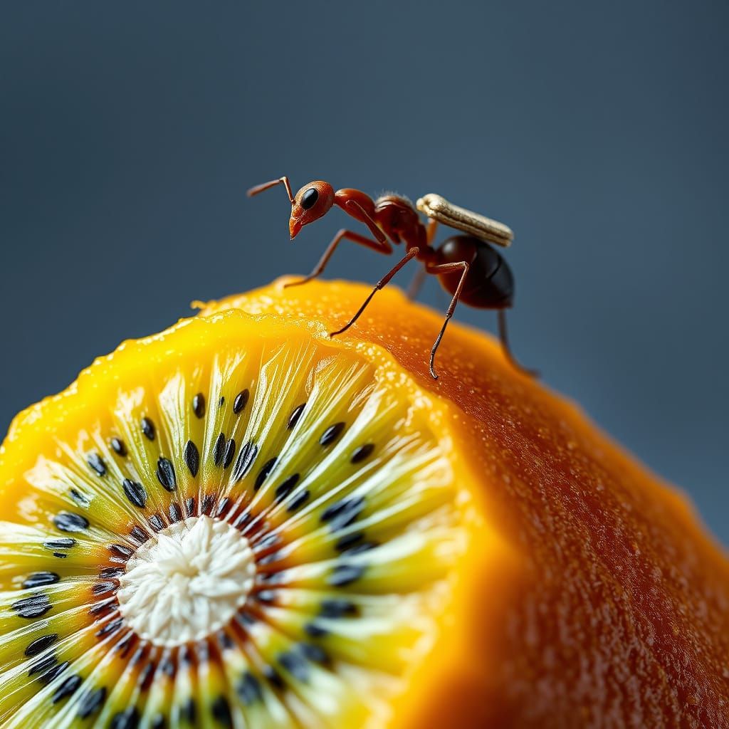 Determined Ant Ascends Kiwi Cake Summit in Stylish Portrait