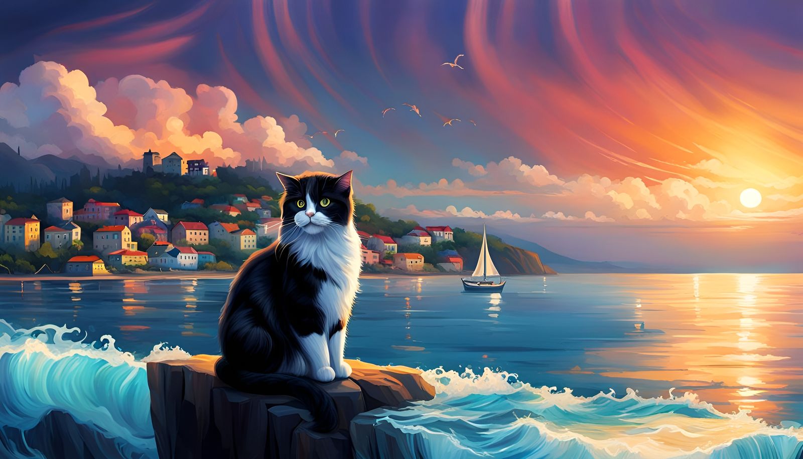 Cat Observes a Beautiful Shore City Seascape