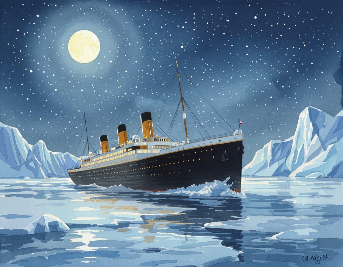 Titanic in Ice Flow: Watercolor Painting