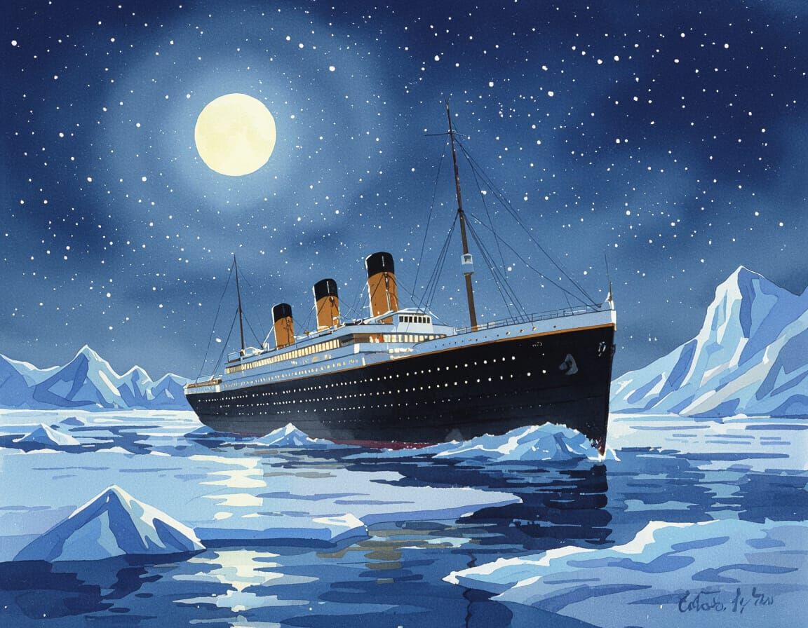 Titanic in Ice Flow: Watercolor Painting