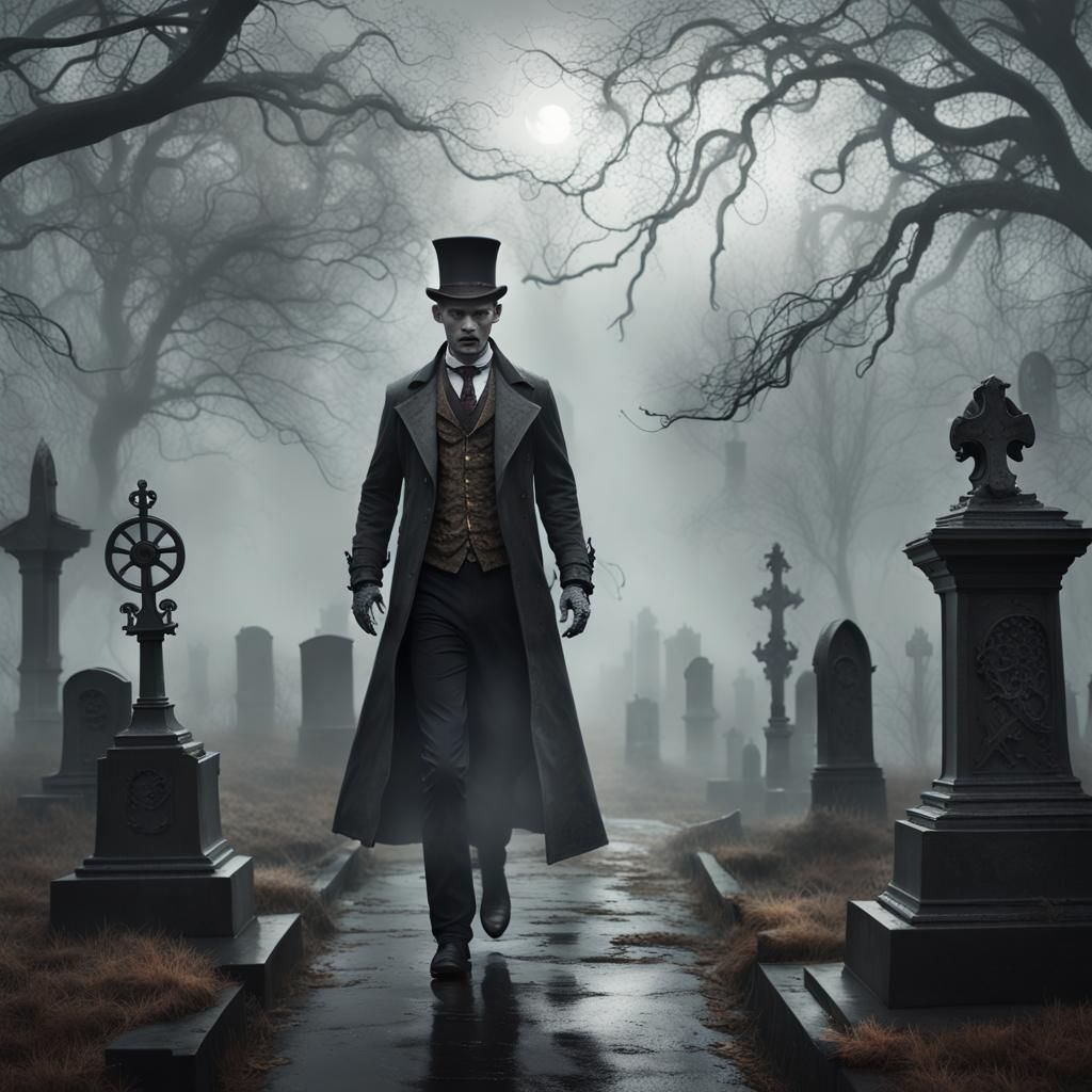 steampunk misty graveyard scene. The atmosphere is eerie