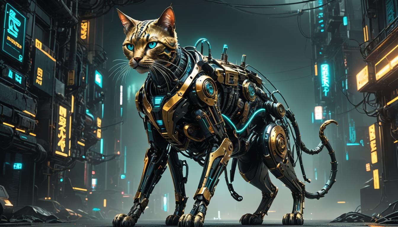 Cyberpunk Transhuman Cat Concept Art in Light Cyan and Bronz...