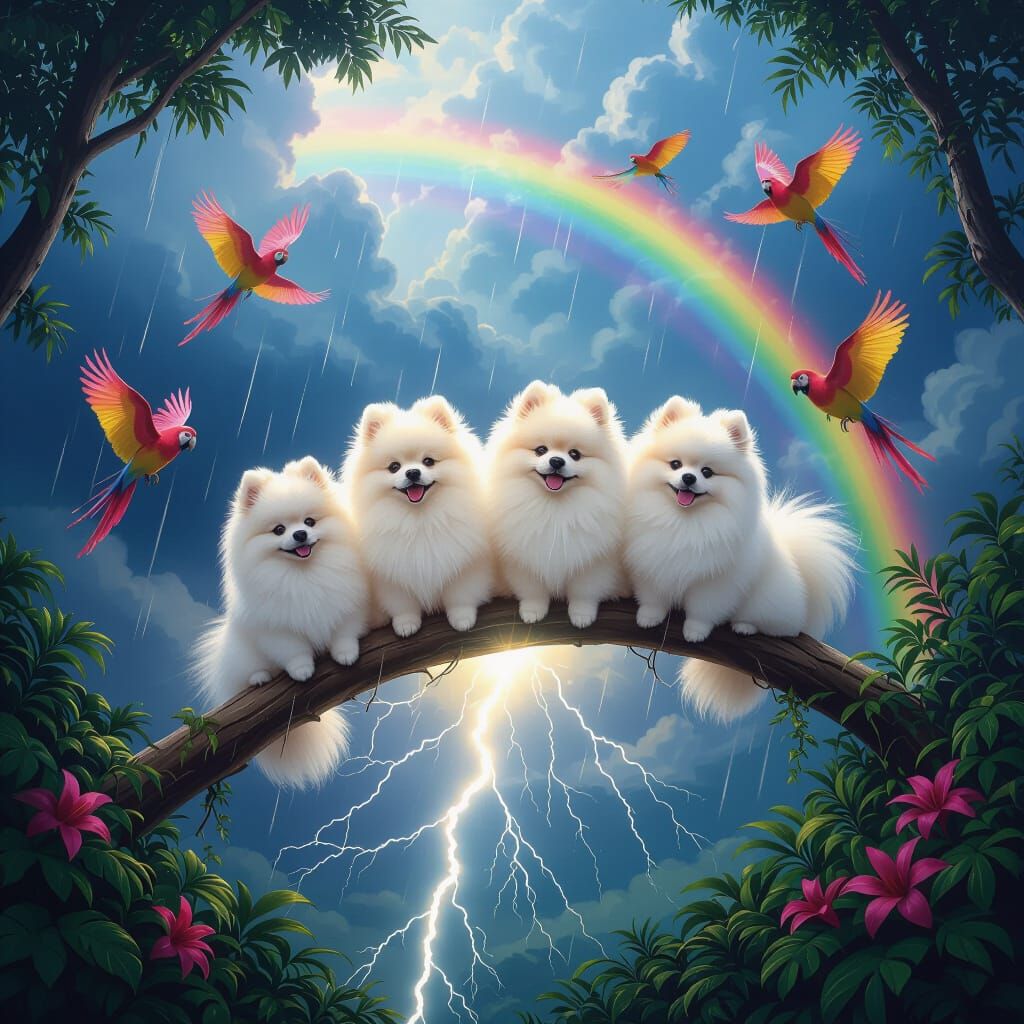 Pomeranians on Lightning Bolt Amidst Jungle Storm
