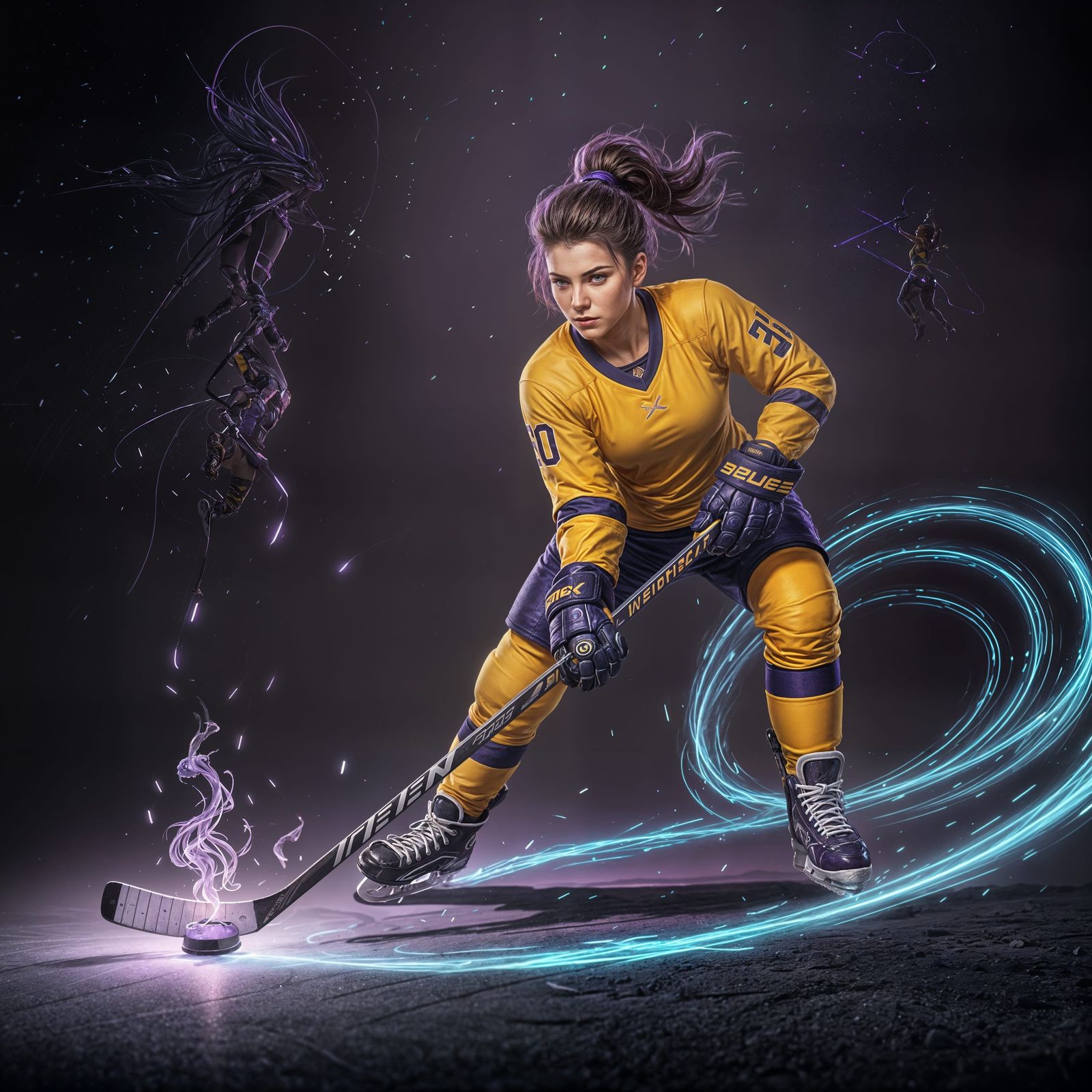 Female Hockey Player With Fiery Skates in Dark Fantasy Style
