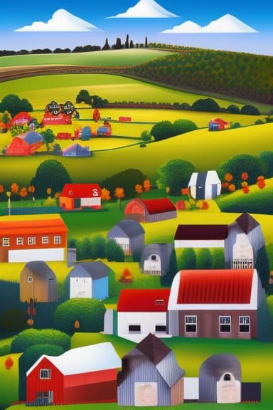 Surreal English Village With Farm Animals, 2D Vector Art