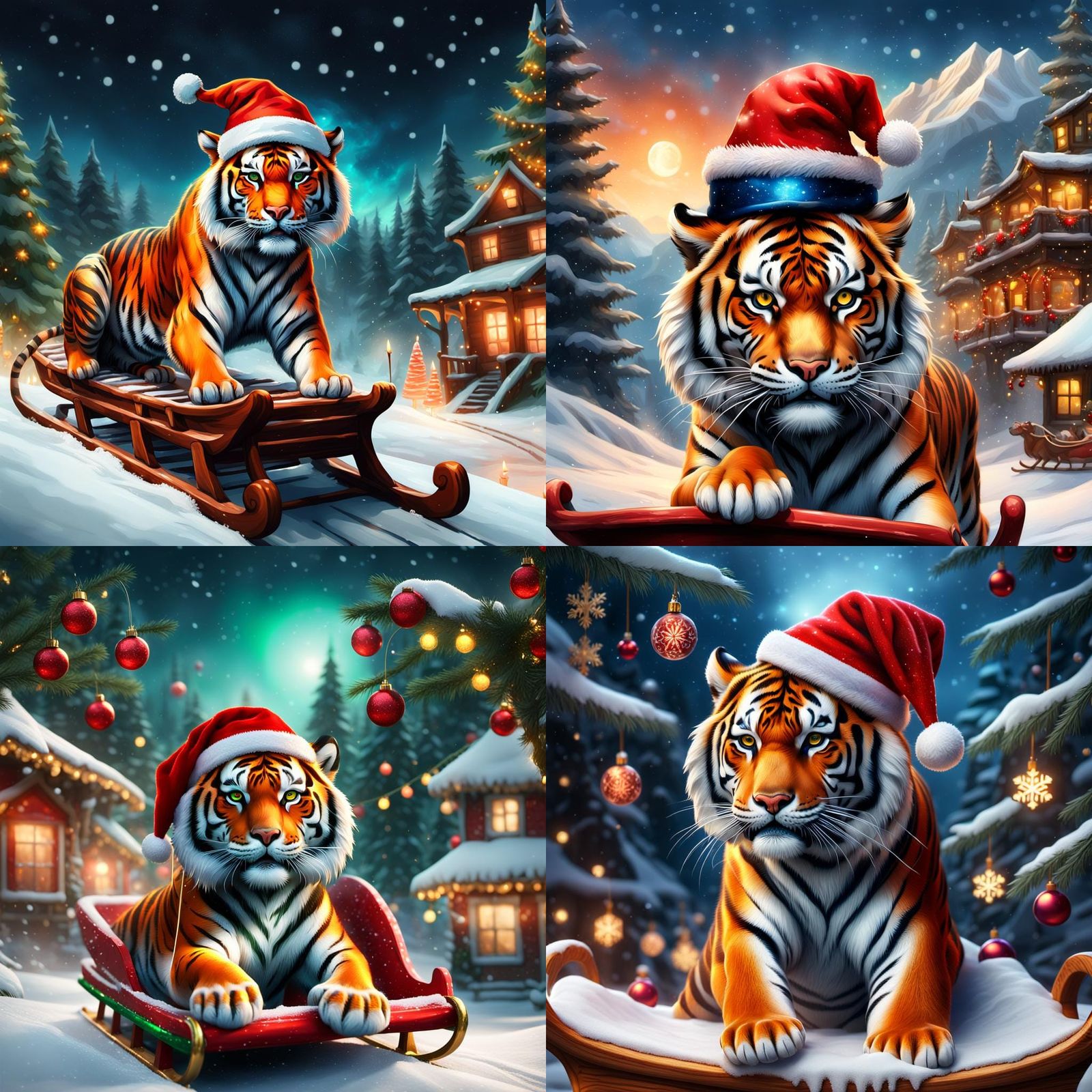 Tiger with Christmas Hat on a Sled