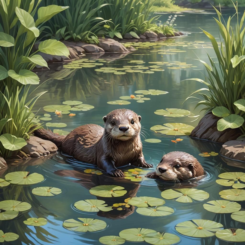Cute Otter Playing in Pond Summer Scenery
