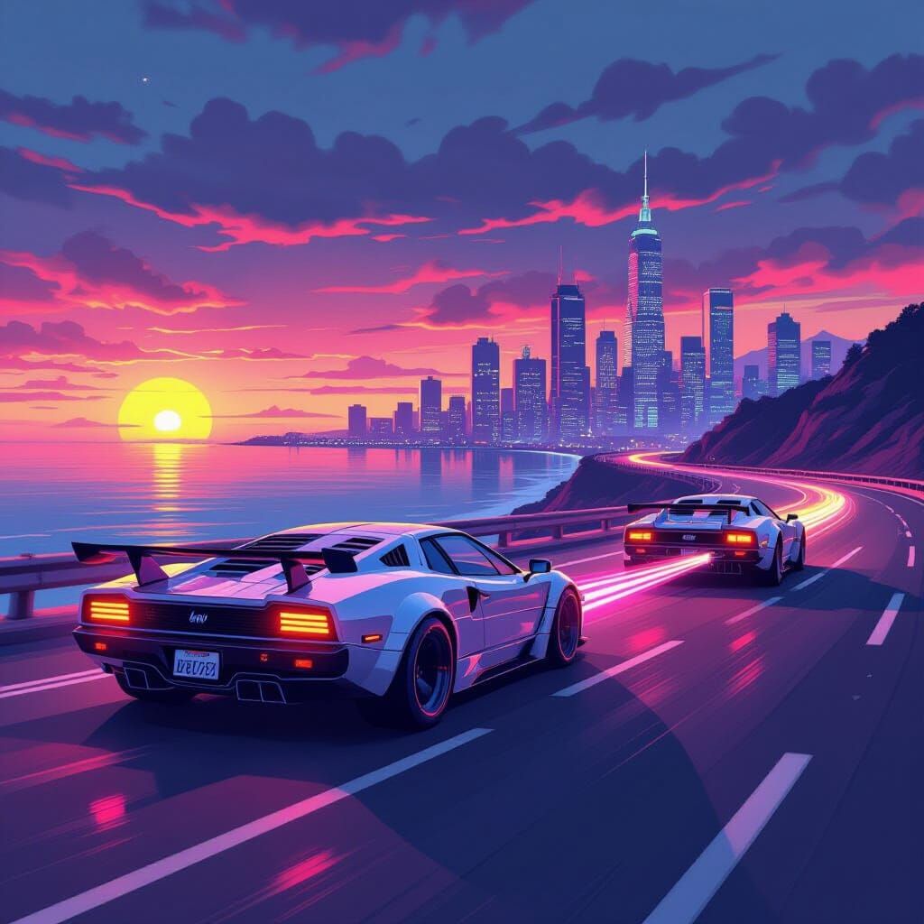 Retro Cyberpunk City Race at Sunset
