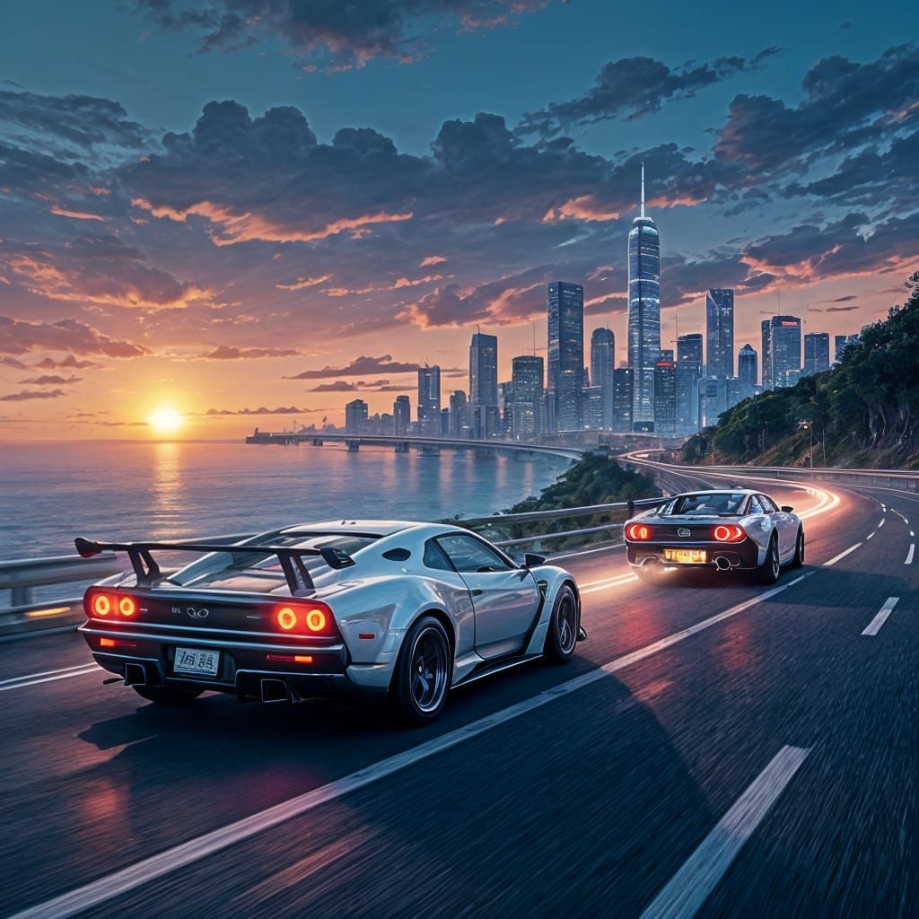 Retro-Futuristic Cyberpunk Sports Car Race at Sunset