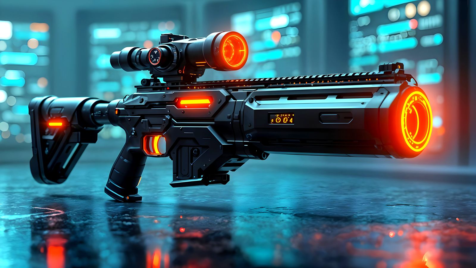 Cyberpunk Gauss Rifle in Futuristic Armory