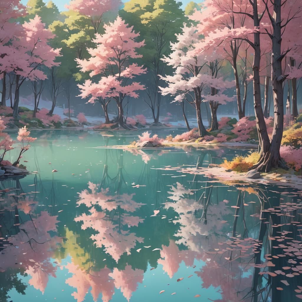 Pastel Anime Trees on a Lake in 3D