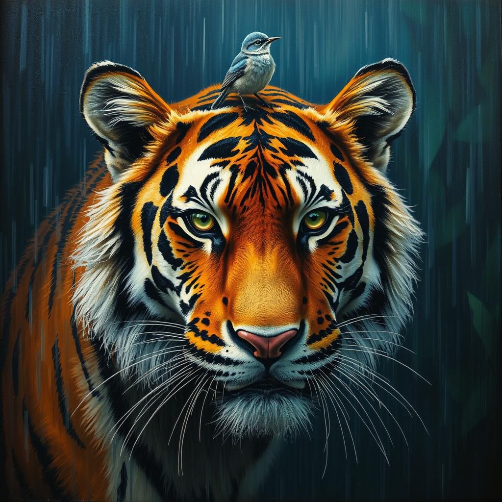 Tiger and Bluebird in Rainy Jungle, Impasto Painting