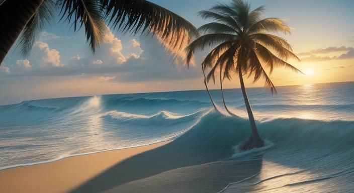 Tropical Beach with Palm Tree in Hyper-Realism