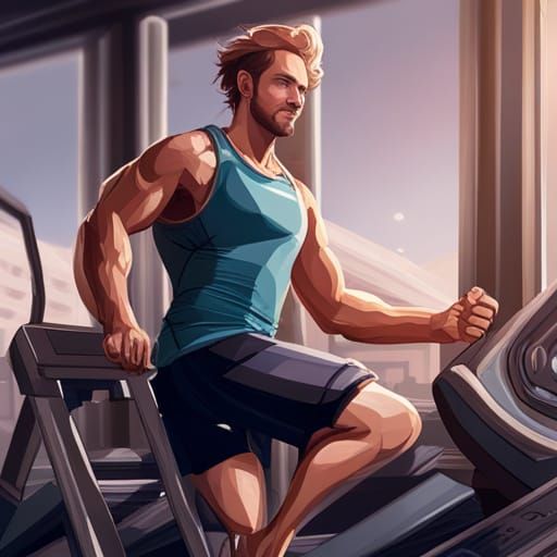 Man Running on Treadmill, Detailed Digital Art