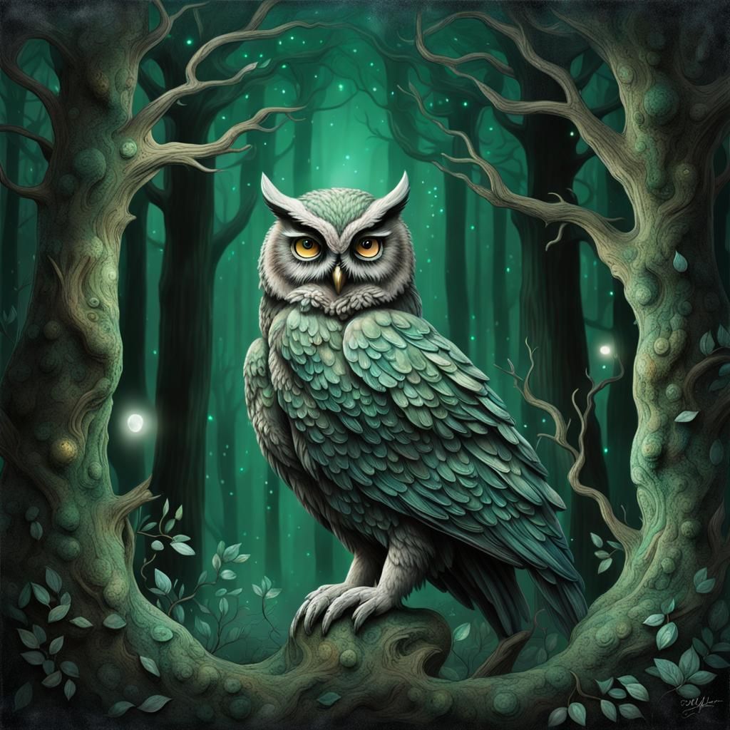 Mystical Owl-Panther in Moonlit Forest, Graffiti Art