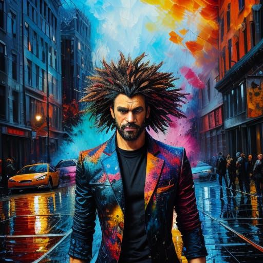 Vibrant Oil Painting of a Person in a Chaotic City Street