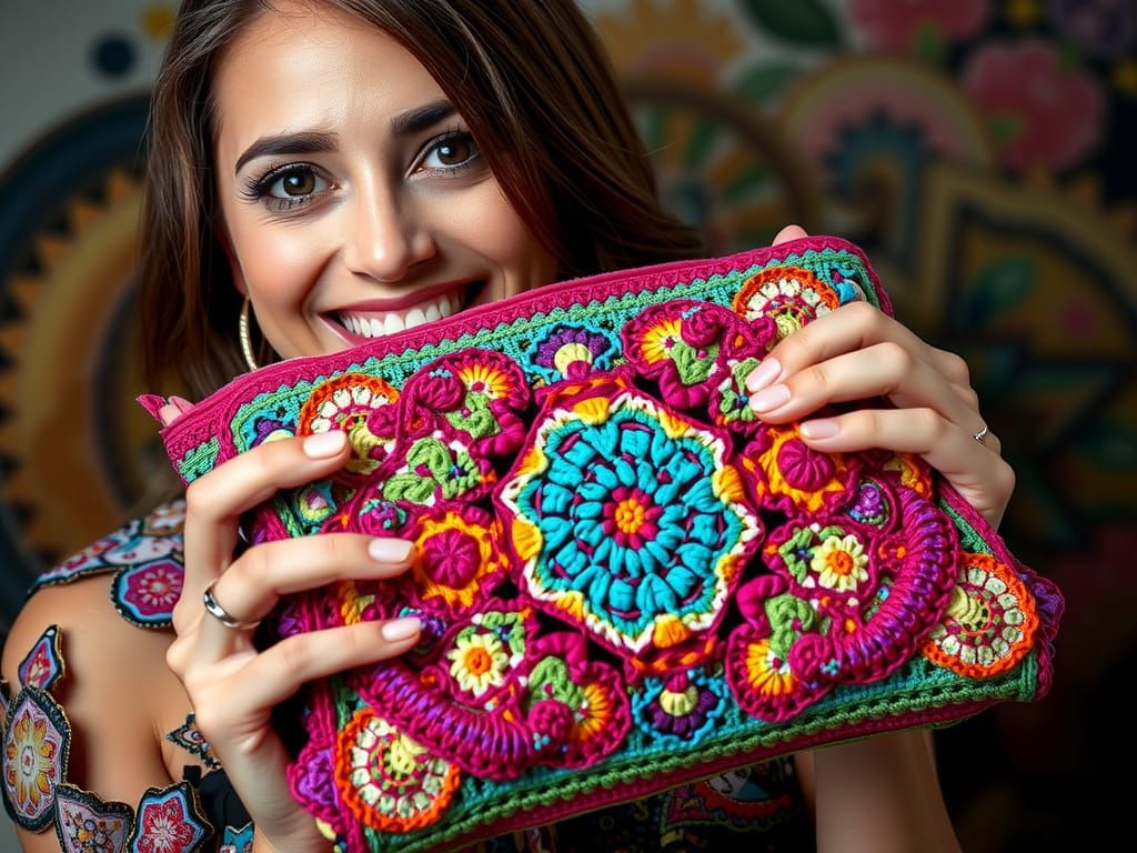 Woman with Klimt-Inspired Crochet Purse in Art Nouveau Style