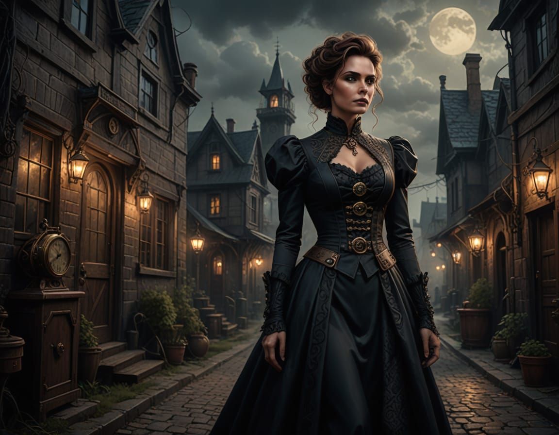 Steampunk Gothic Woman in Victorian Village
