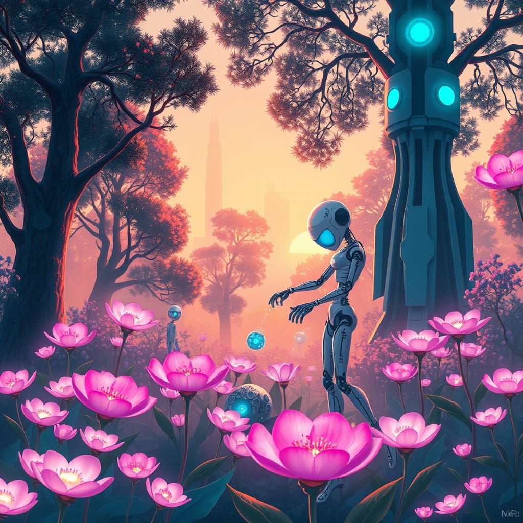 Futuristic Garden with Neon-Lit Flora and Robotic Caretakers