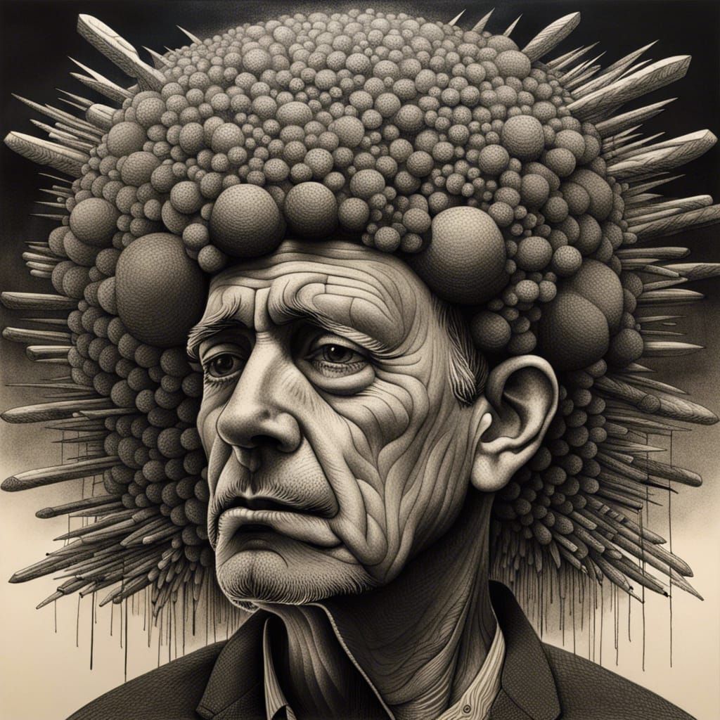Sad Man with Nuclear Explosions: Surreal Charcoal Drawing