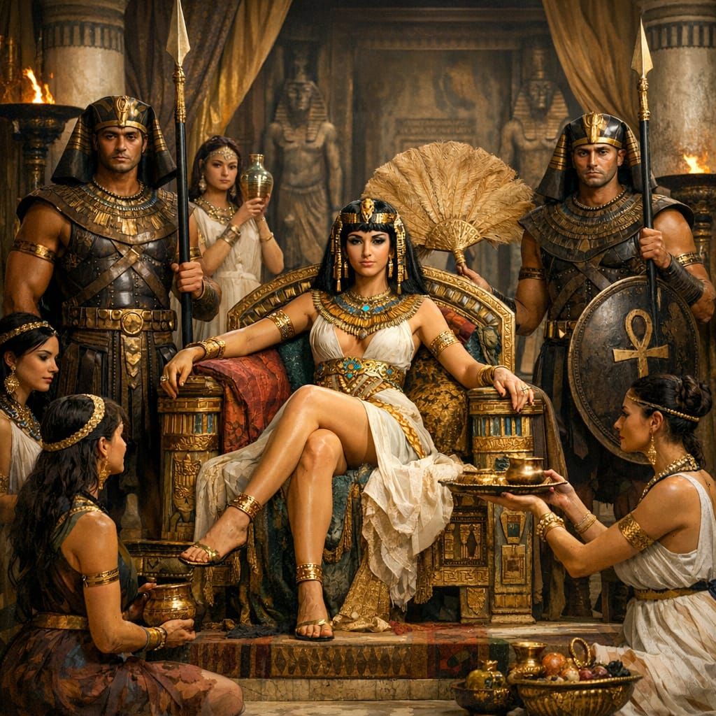 Cleopatra on Throne with Guards and Servants