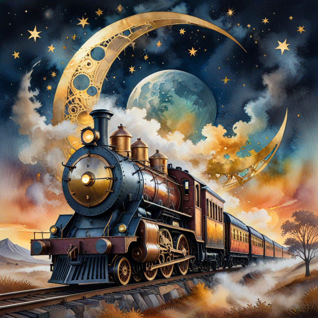fantasy giant crescent moon with metallic steampunk steam tr...