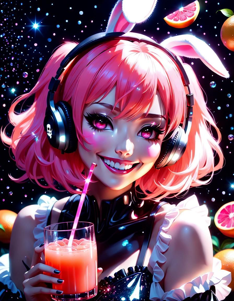 Sparklecore Anime Girl Drinking Juice in Noir Bar