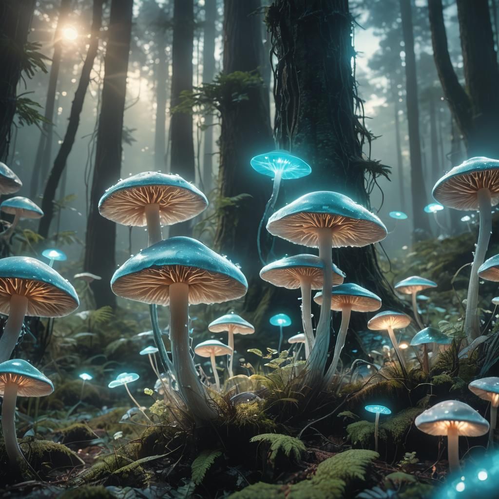 Bioluminescent Mushroom in Mystical Forest, Anime Style