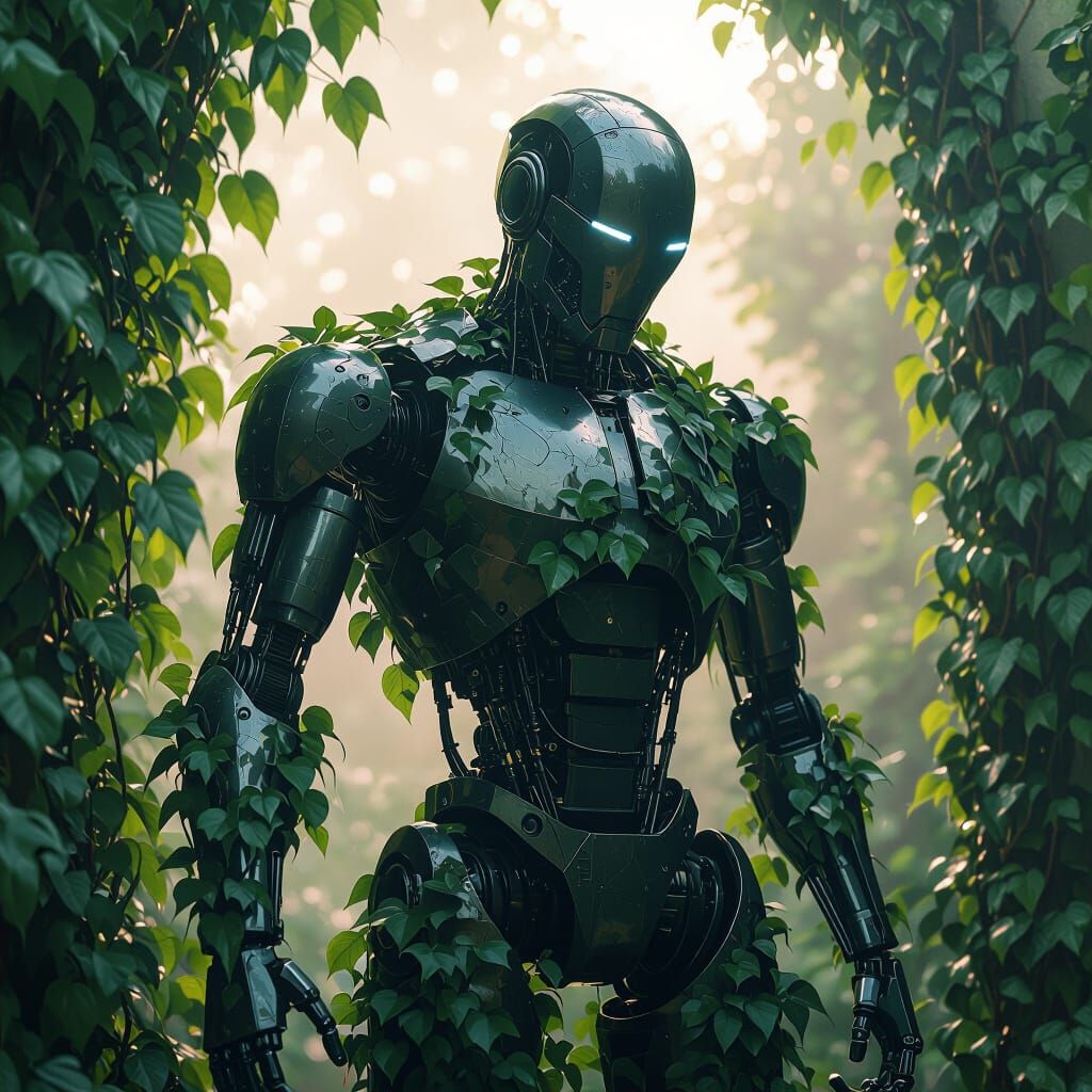 Metallic Robot Covered in Ivy, Cinematic Film Still