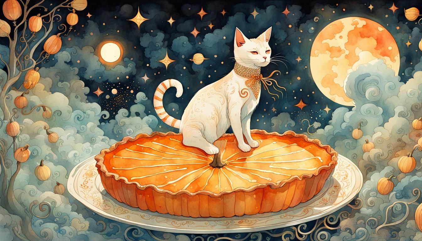Anthropomorphic Cat Baking Pie in Watercolor Style