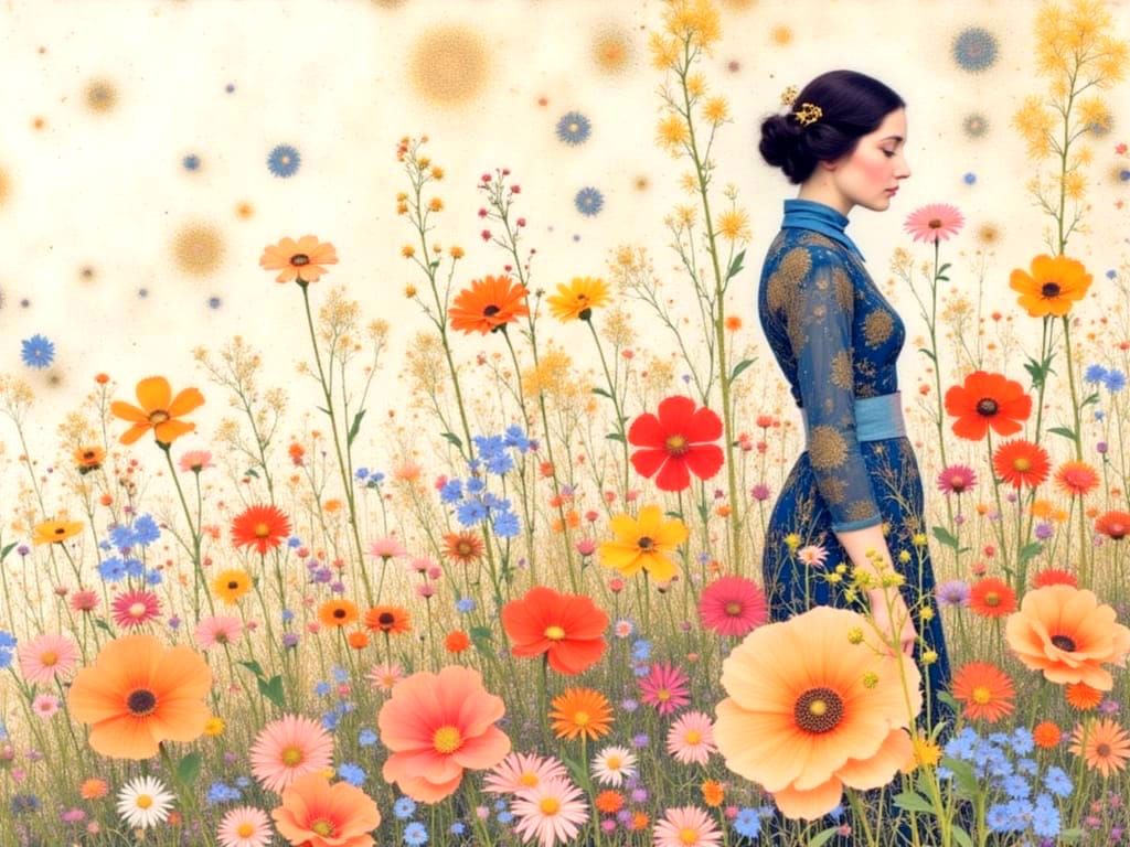 Woman with Floral Background in Klimt Style