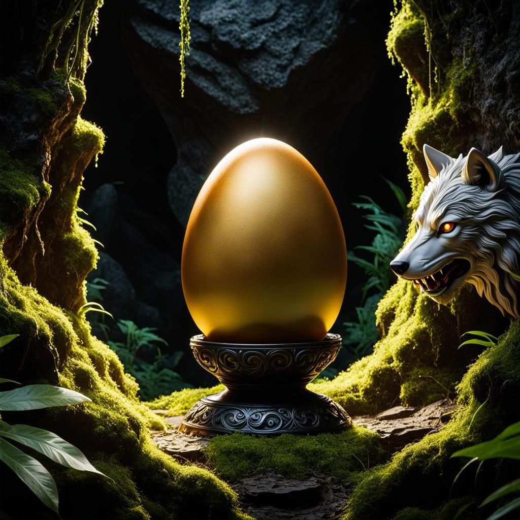 Golden Egg and Wolf in Mossy Cavern, Van Gogh Style