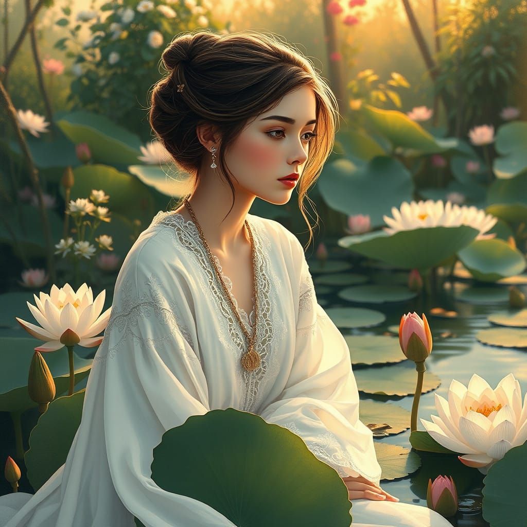 Serene Young Woman in a Lush Water Garden