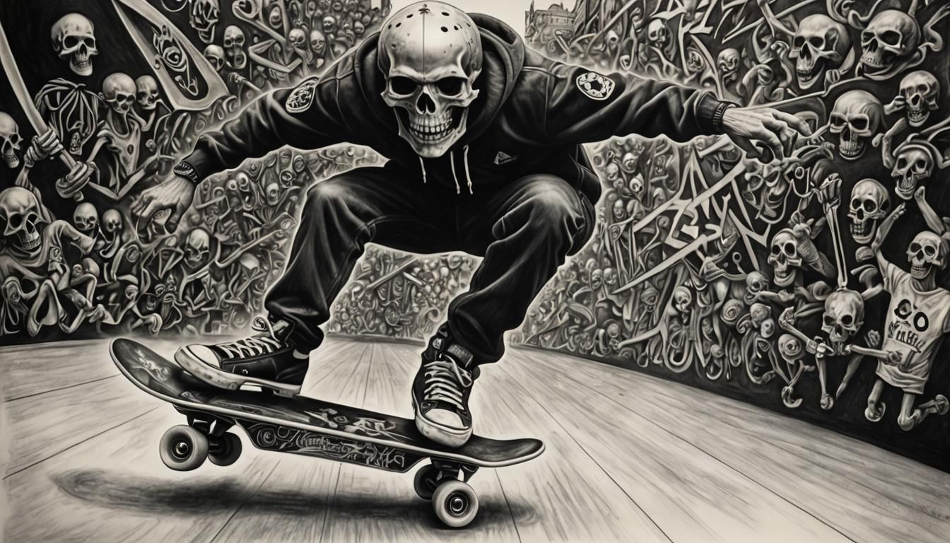 Hyperdetailed Charcoal Drawing: Skate or Die