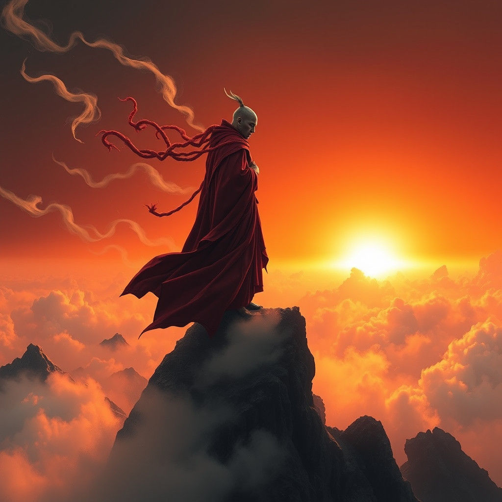 Mystical Red Monk Warrior on Misty Peak