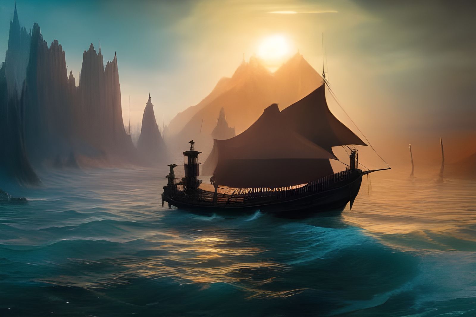 Ethereal Elvish City at Sunset in Art Nouveau Style