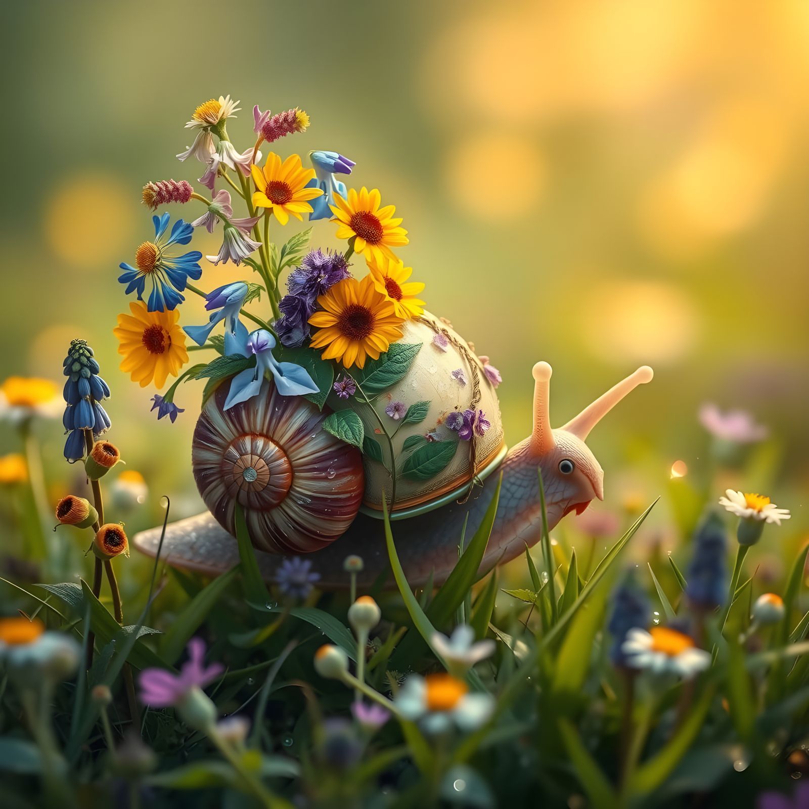 Happy Snail Cultivating a Garden of Flowers