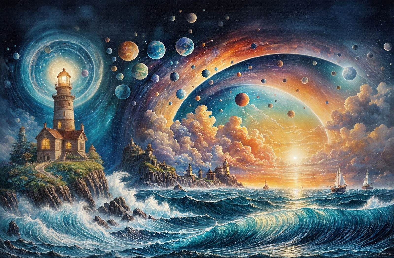 Watercolor Patchwork Lighthouse Fantasy at Midnight