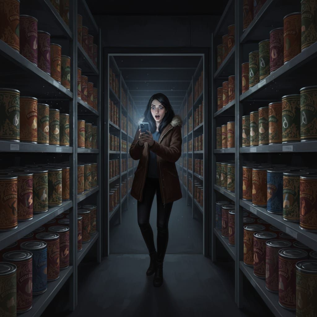 Woman Amazed by Hidden Food Stash in Dark Storeroom