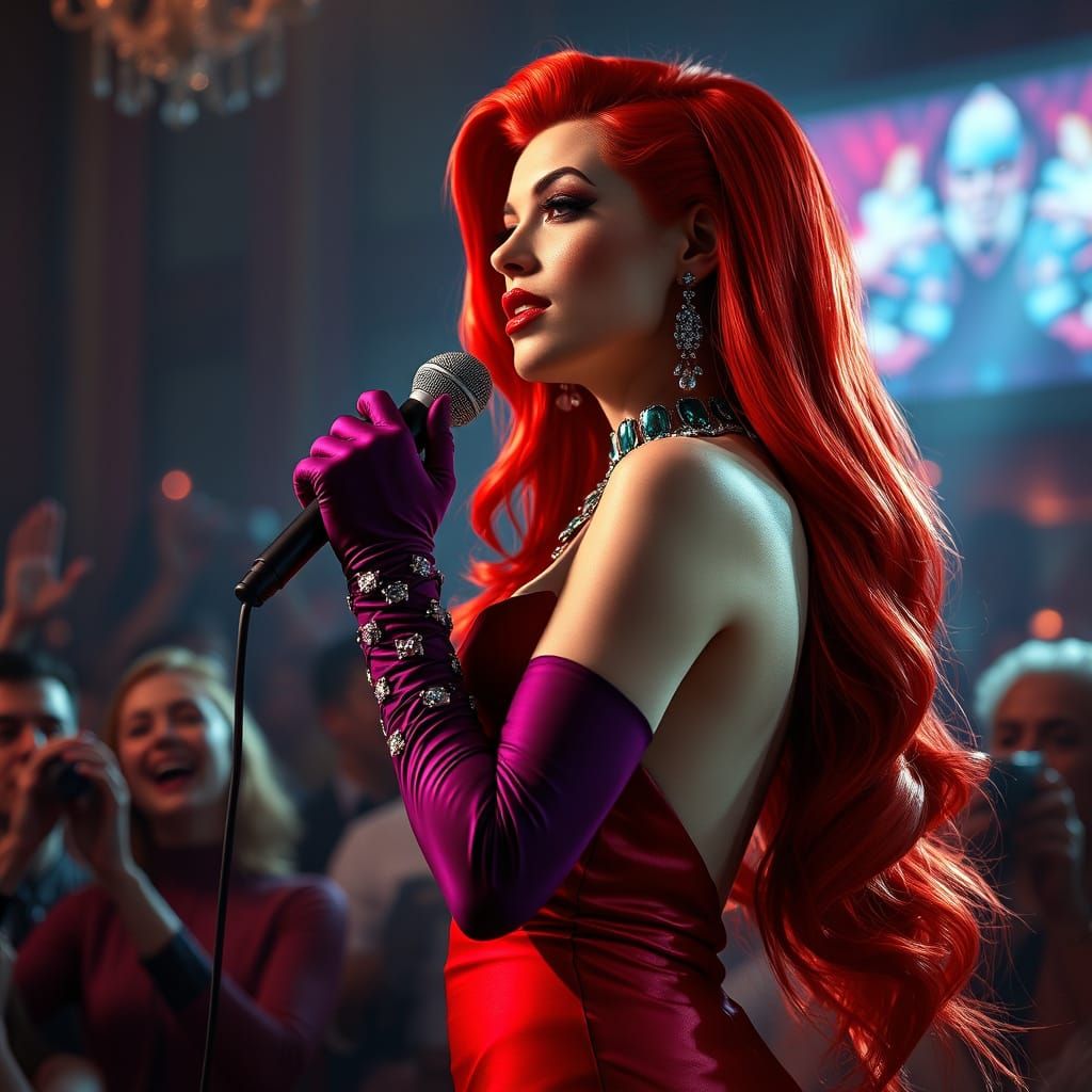 Sultry Siren in Crimson Red Gown and Emerald Green Jewels