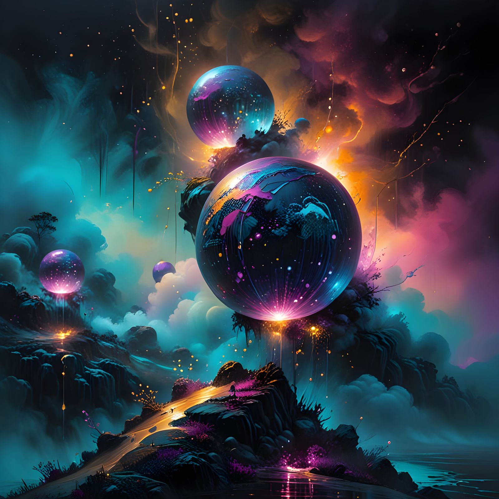 Bioluminescent Landscape with Spheres in Impasto Style