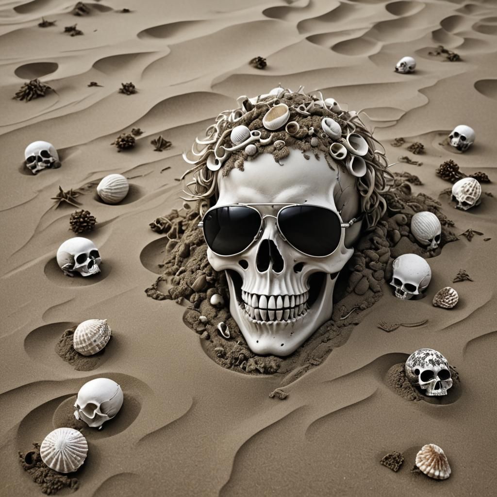 Surreal Skull with Sunglasses on Beach