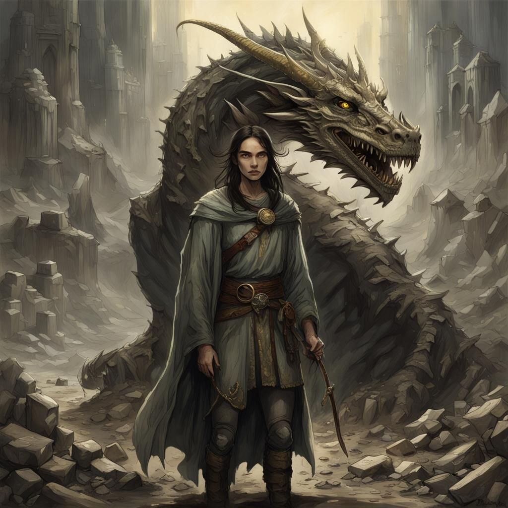 Woman with Dragon in Wasteland Scene