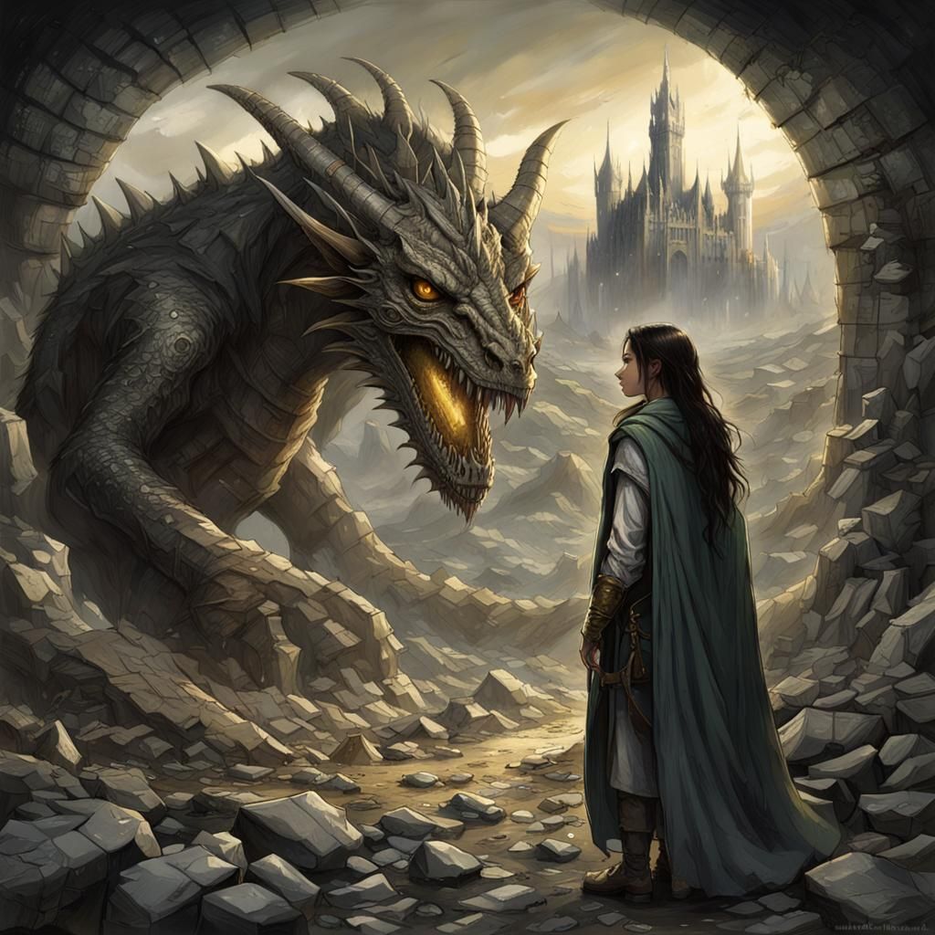 Woman with Dragon in Barren Wasteland